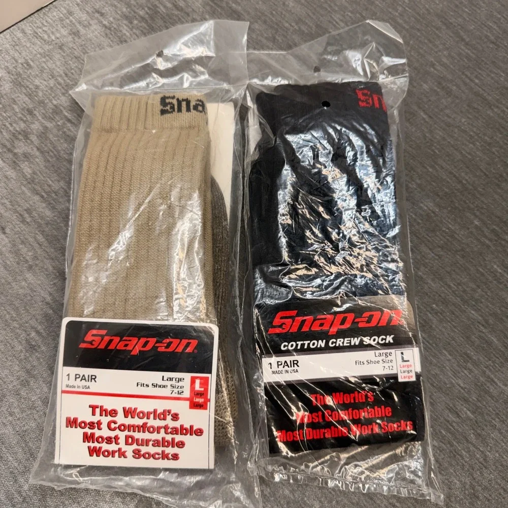 Snap-on Tools Large Mens Cotton Crew Socks 2 Pair Lot Black Tan Fits 7-12 USA